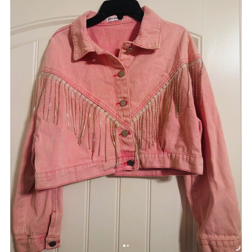 Oece Studio cropped Denim Jacket Rhinestone Fringe Western Glam Festival large
